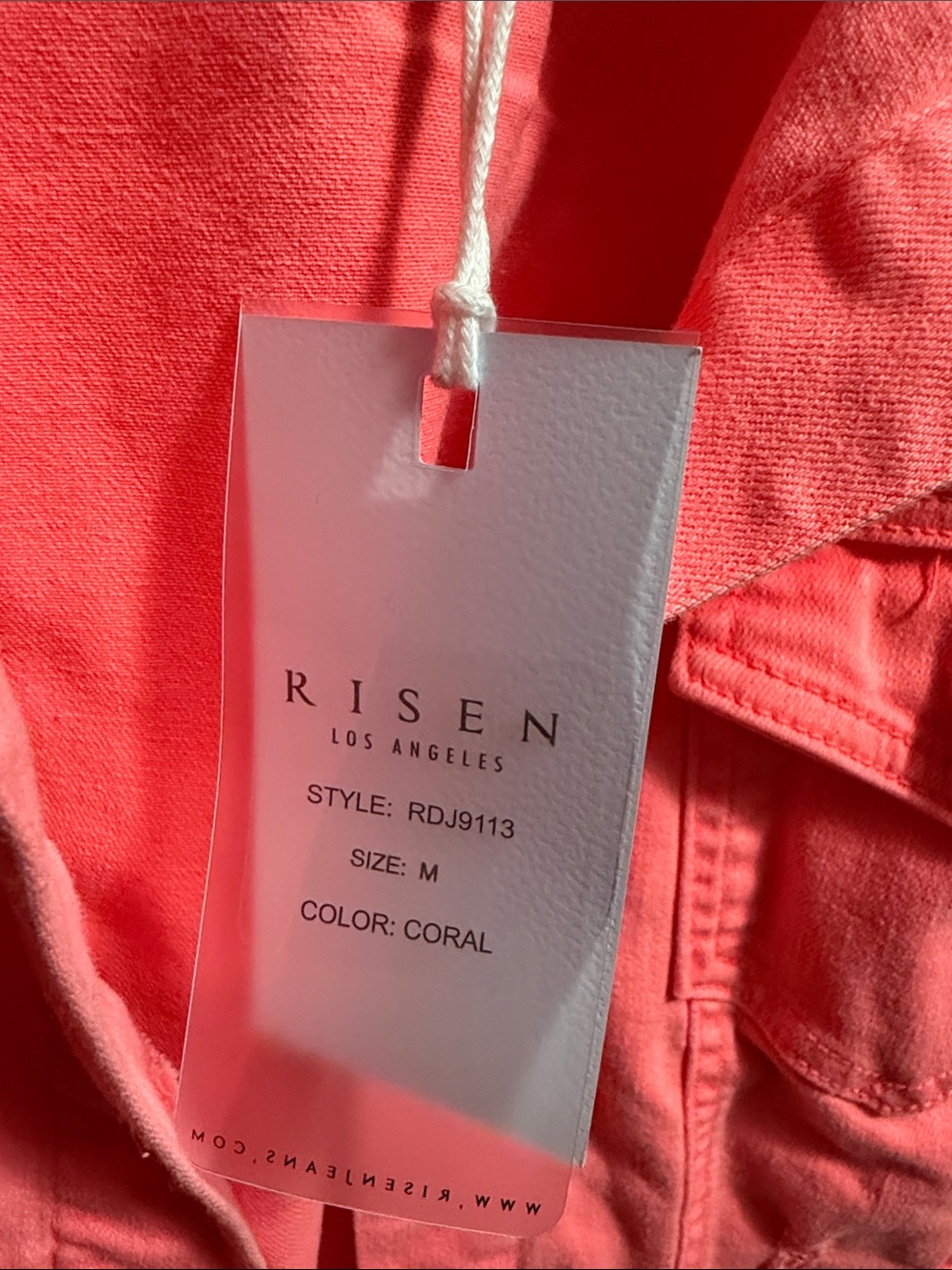 RISEN Coral Distressed Cropped Denim Jacket Size M NWT - Picture 3 of 7